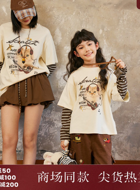 西町村屋亲子趣味猫咪印花条纹拼接T恤秋季新款休闲小衫KAAC10359