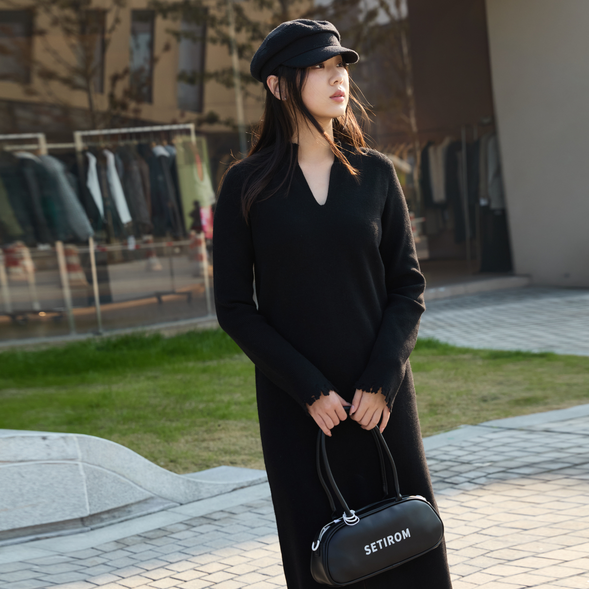 西町村屋法式气质加厚针织连衣裙