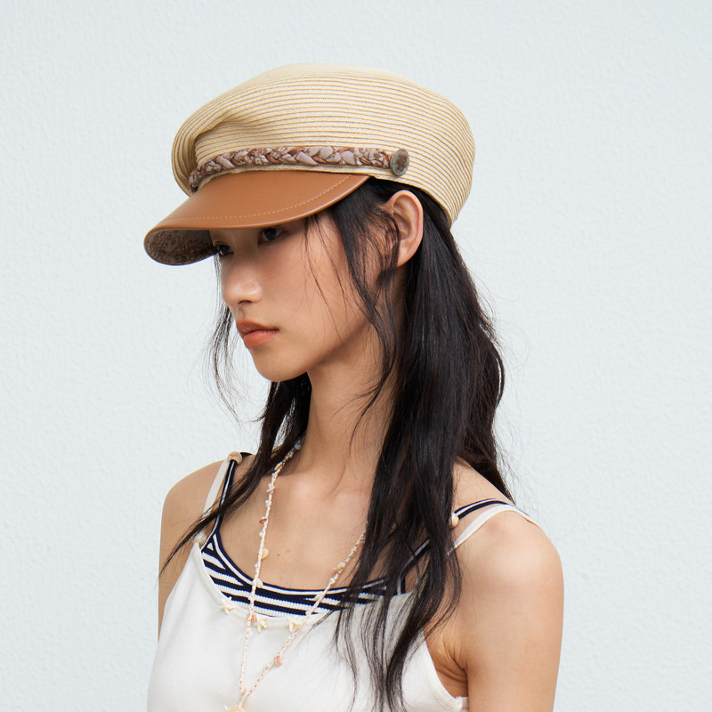 西町村屋英伦风平顶帽女夏季新款韩系草编拼接百搭帽子XHBB600