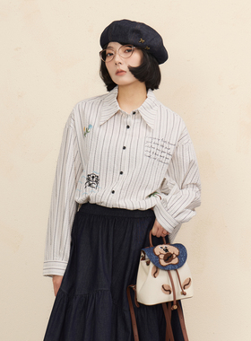 西町村屋长袖衬衣2026春新款刺绣条纹休闲舒适时尚上衣XHBA10193