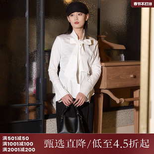 西町村屋法式风衬衫女装春季新款飘带蝴蝶结长袖棉衬衣AA9103026