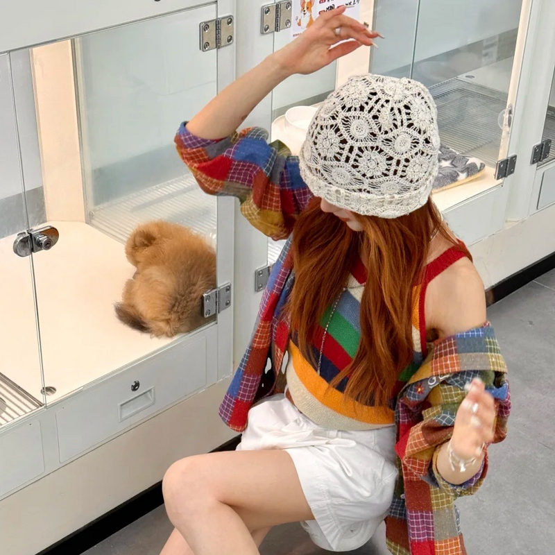 西町村屋镂空帽子女2025秋新款法式手工钩花文艺堆堆帽XAAC60010