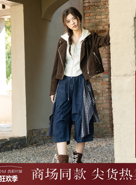 西町村屋设计感工装裤女2025秋季新款休闲感拼接牛仔裤XHAC10496