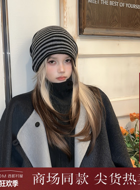 西町村屋韩系风冷帽女秋冬季新款条纹设计休闲感针织帽XAAD60054