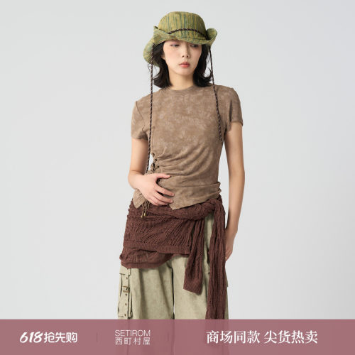 西町村屋废土风绑带短袖T恤女2025秋季新款复古百搭上衣XAAC10104