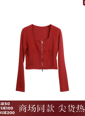 西町村屋复古红色长袖小衫女秋季新款气质方领短款上衣XA9C10172