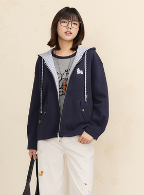 西町村屋连帽卫衣外套2026春新款格纹拼接休闲舒适上衣CCBA10522