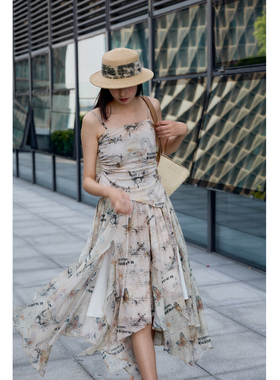 西町村屋网纱印花吊带套装女装夏季新款气质拼接两件套AB9601012