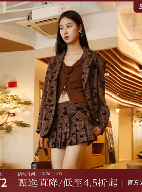 西町村屋外搭女秋新款国风蝴蝶植绒格纹西装中长款外套AC8218010