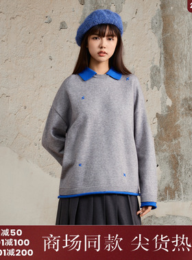 西町村屋学院风毛衣女装2025冬季新款慵懒翻领撞色上衣XAAD10876