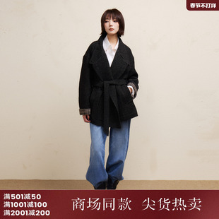 西町村屋复古外套女装2025冬季新款格纹拼接中长款上衣XHAD10425