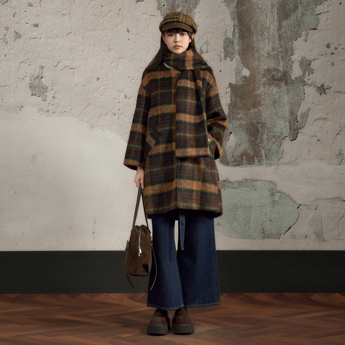 西町村屋复古感外套女装2025冬新款简约格纹上衣含围巾XHAD10154