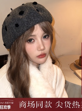 西町村屋韩系贝雷帽女冬季新款小众设计玫瑰花百搭帽子XHAD60032