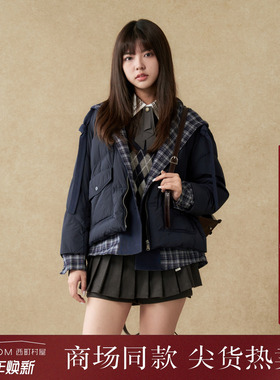 西町村屋韩系羽绒服女2025冬季新款格纹拼接连帽羽绒服XAAD10001
