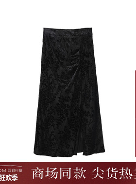 西町村屋气质压褶丝绒A字裙女装秋季新款复古气质半身裙XH9C10102