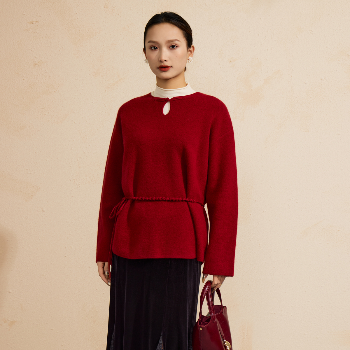 西町村屋简约风毛衣女装2025冬季新款气质感上衣含腰带XEAD10617