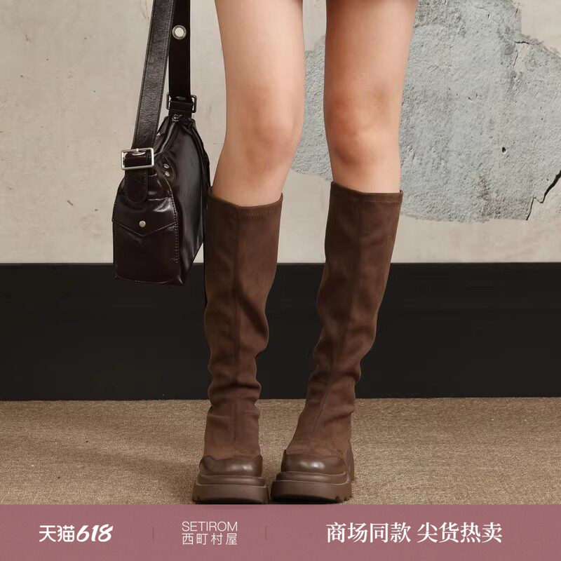西町村屋复古绒面拼接中筒靴女新款气质百搭显瘦单靴XH9C20007