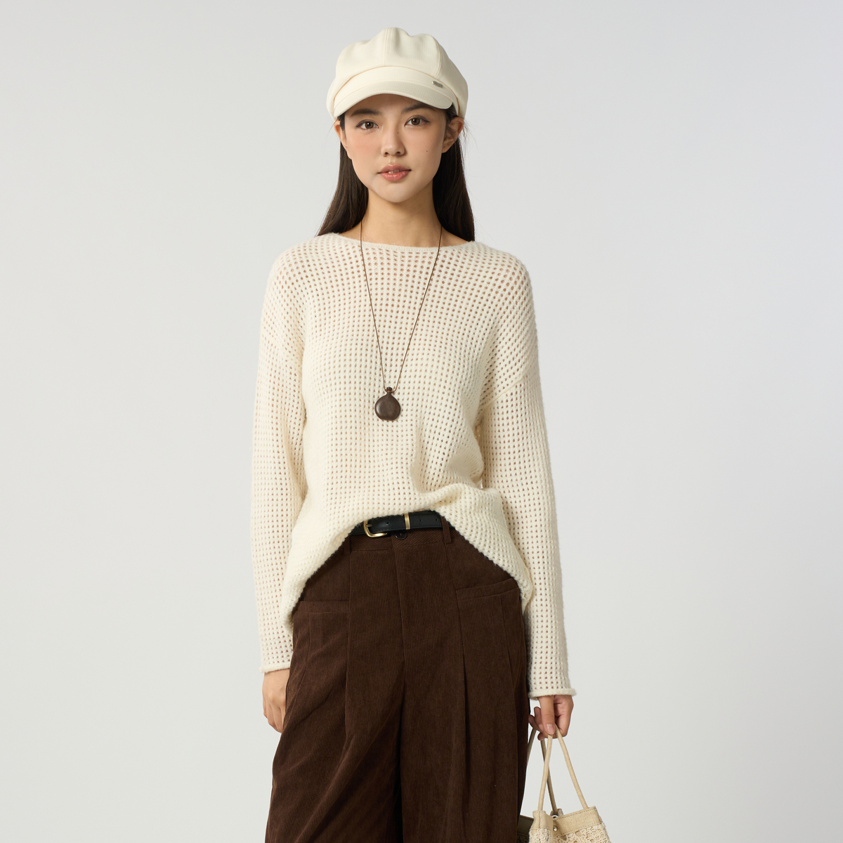 西町村屋打底衫女装2025秋慵懒宽松百搭极简镂空针织衫AC8112382