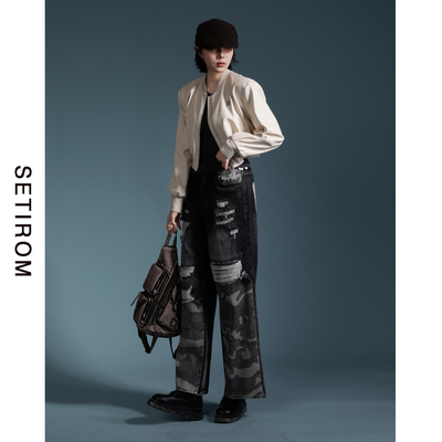 西町村屋美式街头迷彩破洞牛仔裤