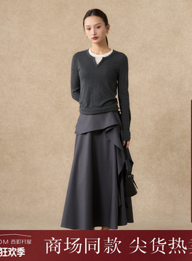 西町村屋气质摆裙女2025秋新款褶皱不规则飘带设计半裙XHAC10534