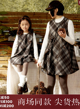 西町村屋甜美内外套亲子装可爱风蝴蝶结格纹百搭花苞裙KAAD10655