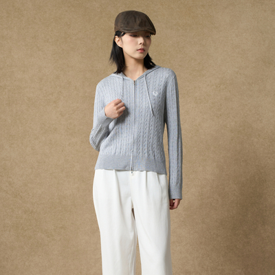 西町村屋学院风开衫女装2025秋季新款连帽韩系绞花外套XAAC10105