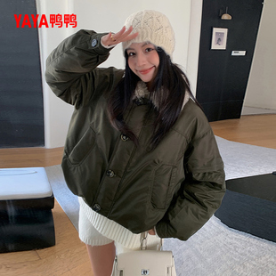 鸭鸭韩版2025年冬季新款短款羽绒服女羊羔毛翻领夹克休闲百搭宽松