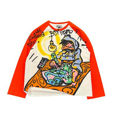 街头复古vintage设计感撞色创意手绘宽松插肩长袖小众喷绘秋季T恤