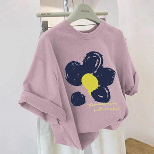 奥特莱斯外贸尾货订单撤回日系花朵印花夏短袖 T恤女圆领舒适上衣