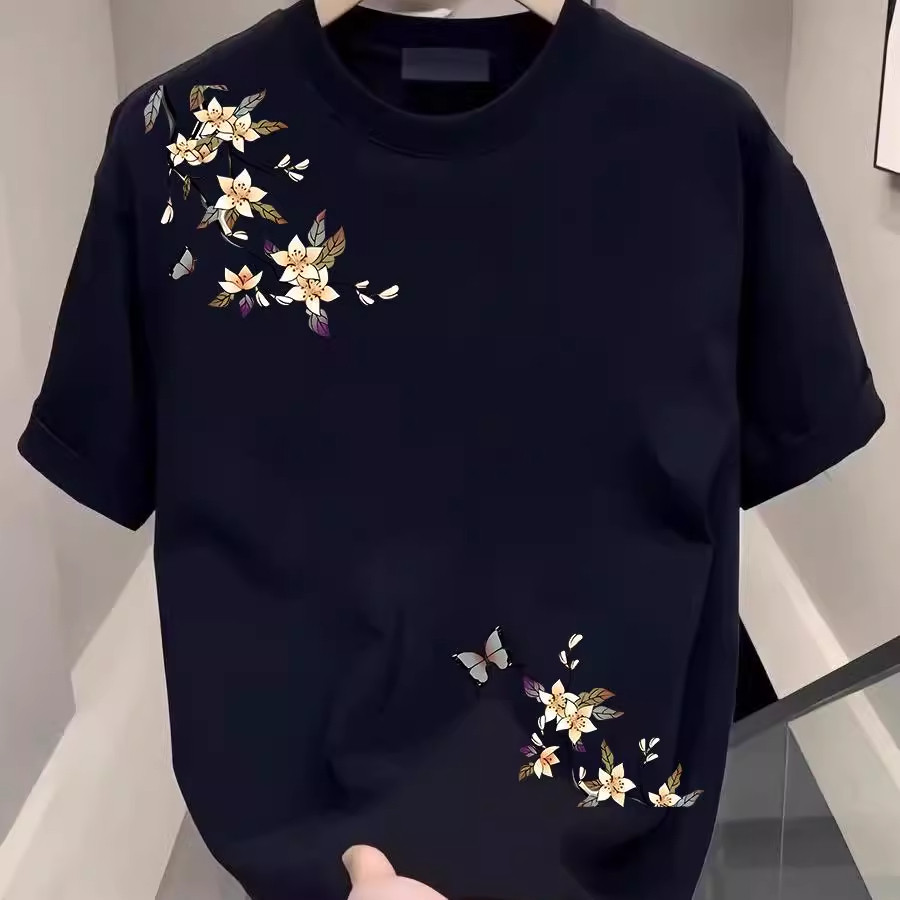 奥特莱斯~专柜撤柜设计感夏别致印花短袖T恤男女纯棉正肩圆领上衣