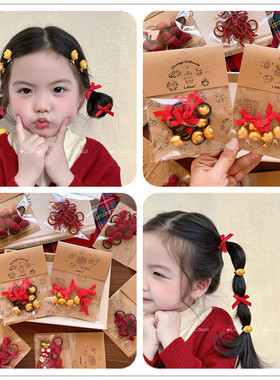 丝绒蝴蝶结发夹发圈新款大红色系新年大红女童纱球爱心手打结圈夹
