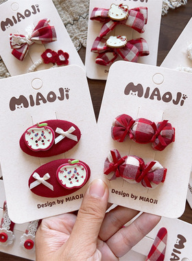 蝴蝶结鸭嘴夹发绳韩系儿童秋冬大红色系布艺手工女童毛呢花朵BB夹