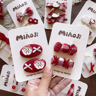 蝴蝶结鸭嘴夹发绳韩系儿童秋冬大红色系布艺手工女童毛呢花朵BB夹