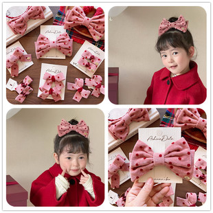 蝴蝶结发夹韩系儿童新年安哥拉红女童年服毛绒绒红波点发箍发圈