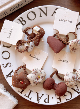 几何爱心兔子发绳圈韩国东大门手工布艺咖色系碎花蝴蝶结皮筋女童