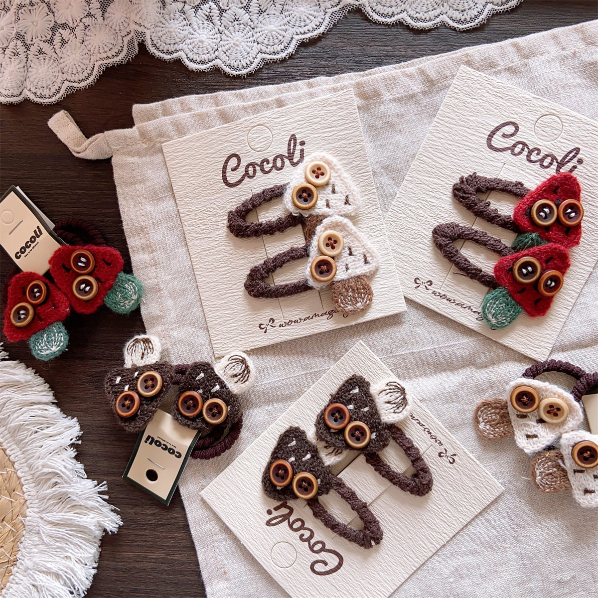 韩秋冬咖色小蘑菇纽扣发夹头绳圈图片