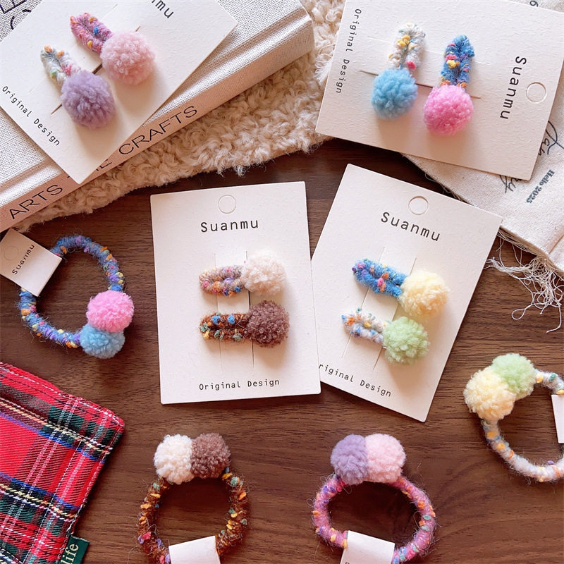 羊羔毛球球发夹新款韩系儿童布艺纯色女童小号毛线球大号马尾头绳