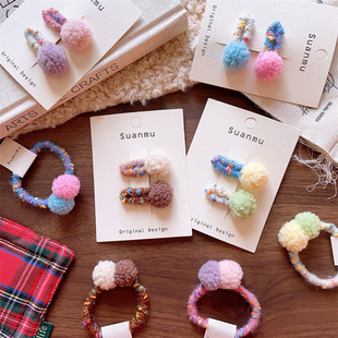羊羔毛球球发夹新款韩系儿童布艺纯色女童小号毛线球大号马尾头绳