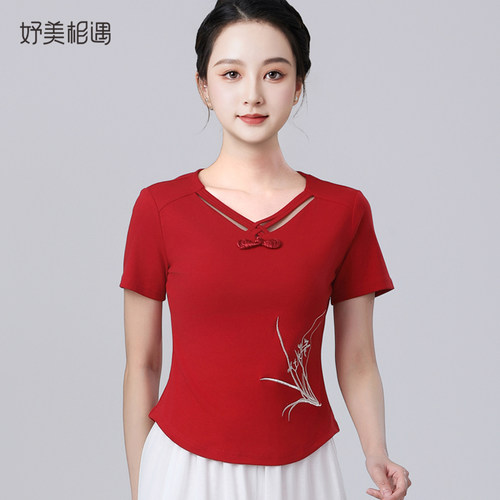广场舞莫代尔跳舞衣服V领国风刺绣短袖上衣中老年跳操舞蹈演出服