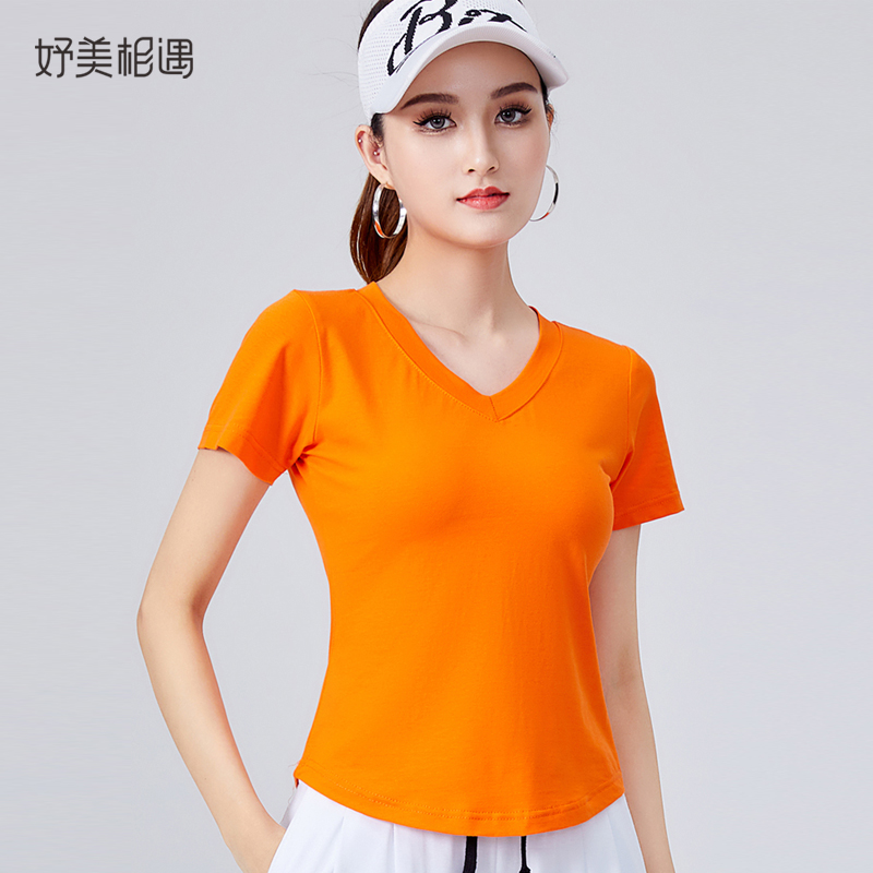 广场舞跳舞衣夏天V领短袖纯色上衣跳操运动夏款中老年天丝冰棉t恤