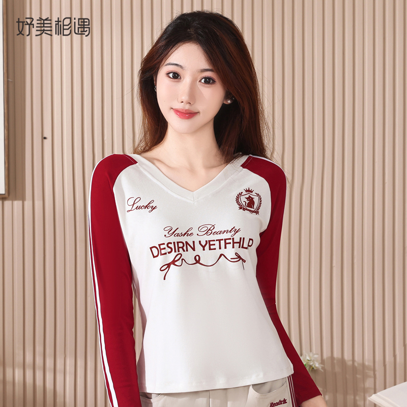春秋广场舞跳舞衣V领拼色长袖上衣单件 妈妈时尚跳操健身运动服装