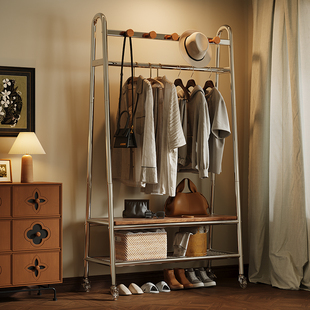 家用卧室衣帽架落地移动中古风挂衣架金属入户客厅房间进门置物架