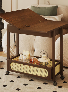 中古风客厅简易推车小型迷你可折叠茶几沙发旁边置物架子移动带轮