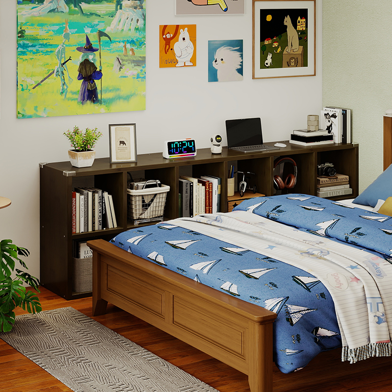 小户型卧室床边书架儿童置物架中古格子柜可移动实木书柜一体整墙