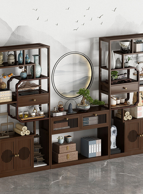 新中式博古架茶柜置物架茶具放茶叶多宝阁紫砂壶摆件茶室展示复古
