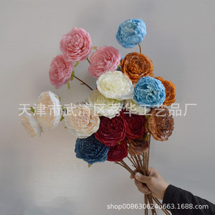 仿真国潮牡丹花 欧式烧边牡丹假花枯萎玫瑰仿凋零干花客厅装饰花