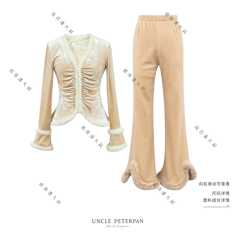 《桃花纷落》彼得潘大叔新中式提花丝绒面料上衣松紧喇叭裤套装