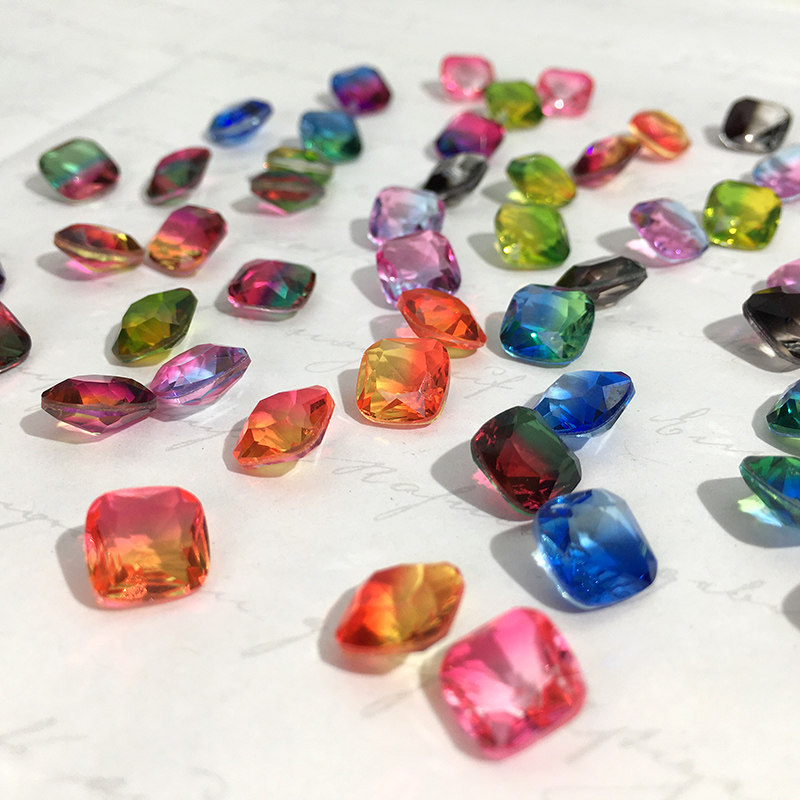 dana8mm尖底肥方正圆角渐变色碧玺美甲钻彩色裸石玻璃水晶宝石钻