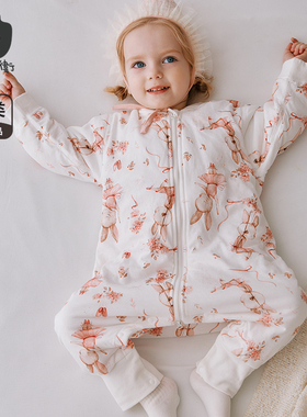 小猪大卫秋冬儿童睡袋夹棉卡通印花纯棉拉链分腿连体睡袋开裆按钮