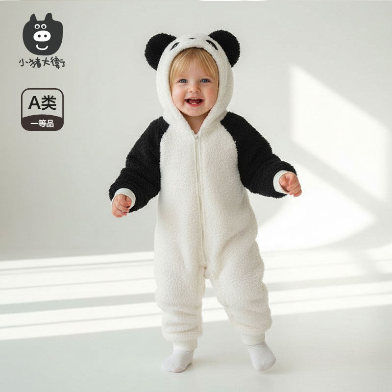小猪大卫宝宝连体衣可爱造型春秋冬毛绒婴幼儿爬服保暖居家外出服